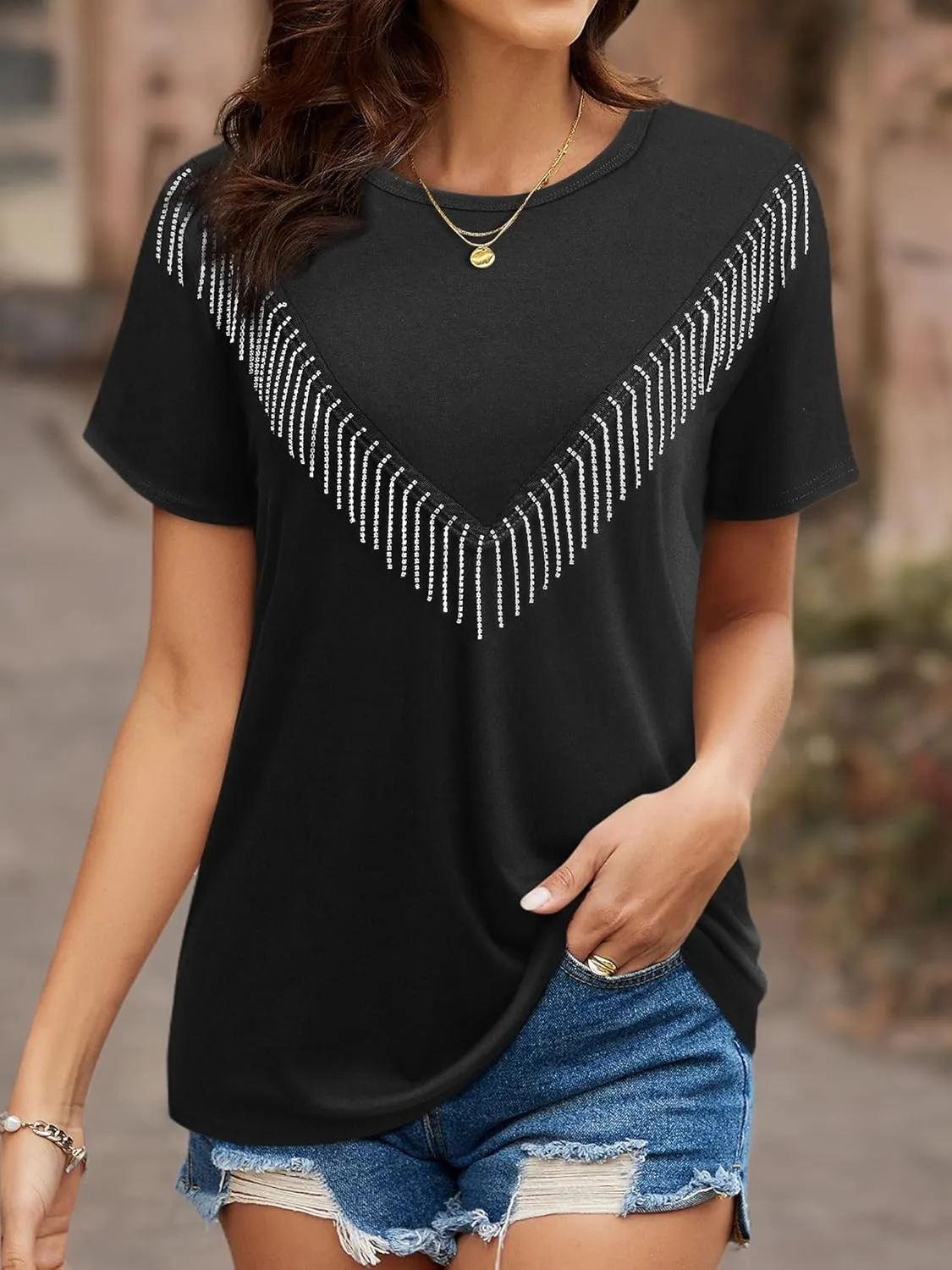 Womens Sparkly Rhinestone Fringe Tshirts Western Glitter Tassel Country Concert Outfits Sparkle Disco Cowgirl Tops