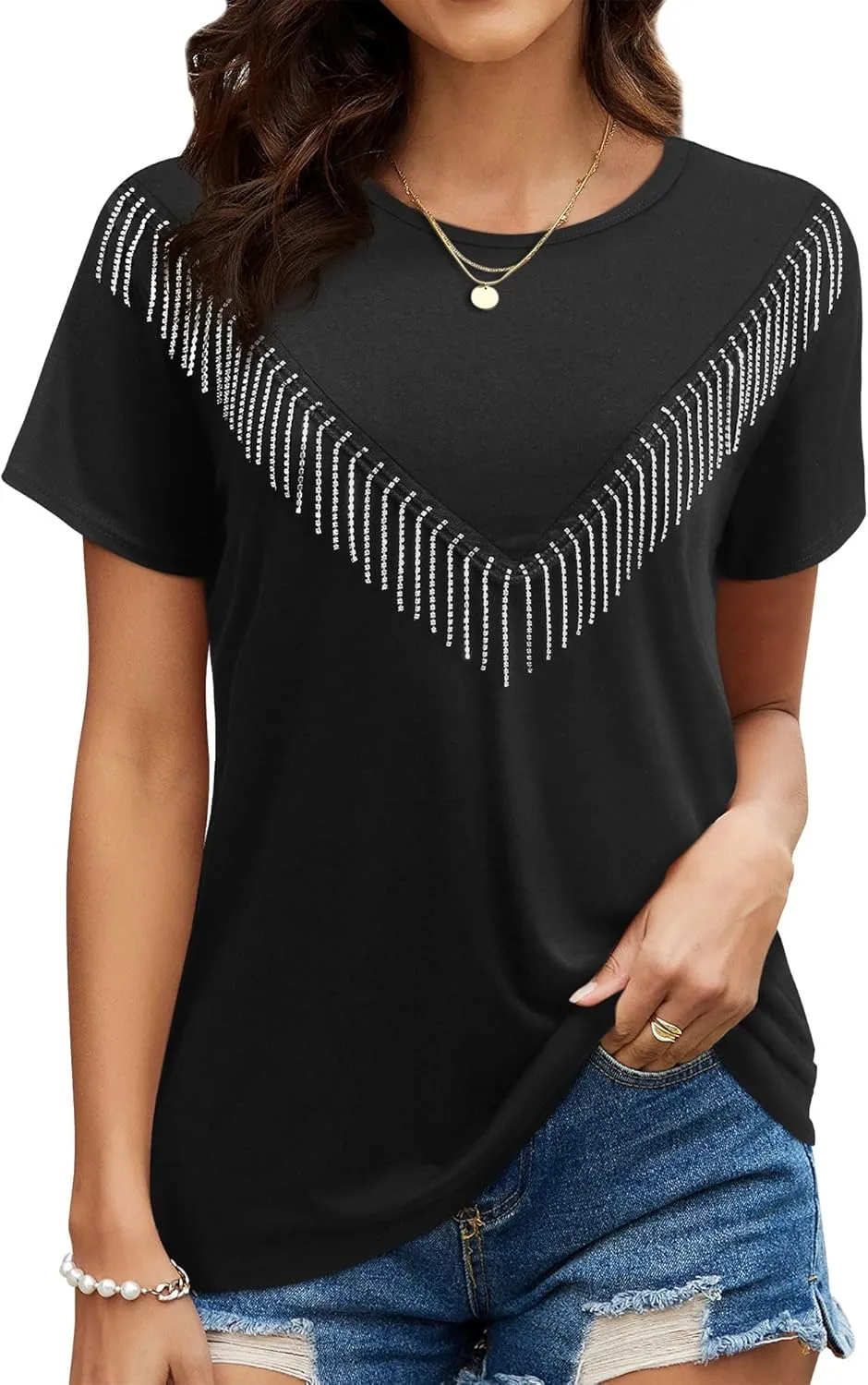 Womens Sparkly Rhinestone Fringe Tshirts Western Glitter Tassel Country Concert Outfits Sparkle Disco Cowgirl Tops
