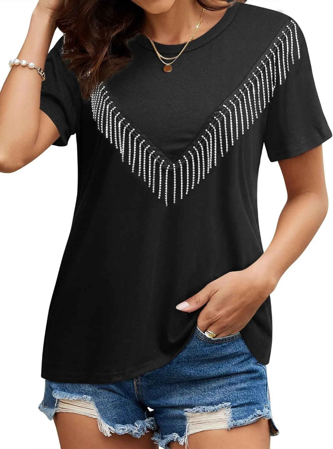 Womens Sparkly Rhinestone Fringe Tshirts Western Glitter Tassel Country Concert Outfits Sparkle Disco Cowgirl Tops