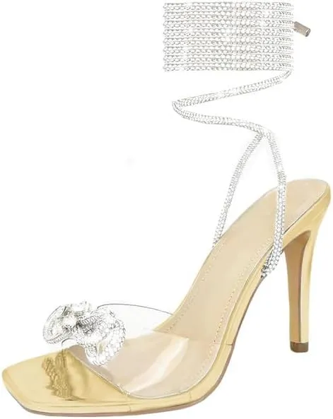 Women's Sparkly Rhinestones Strappy Crystal Bows Shine Heels for Women Sandals