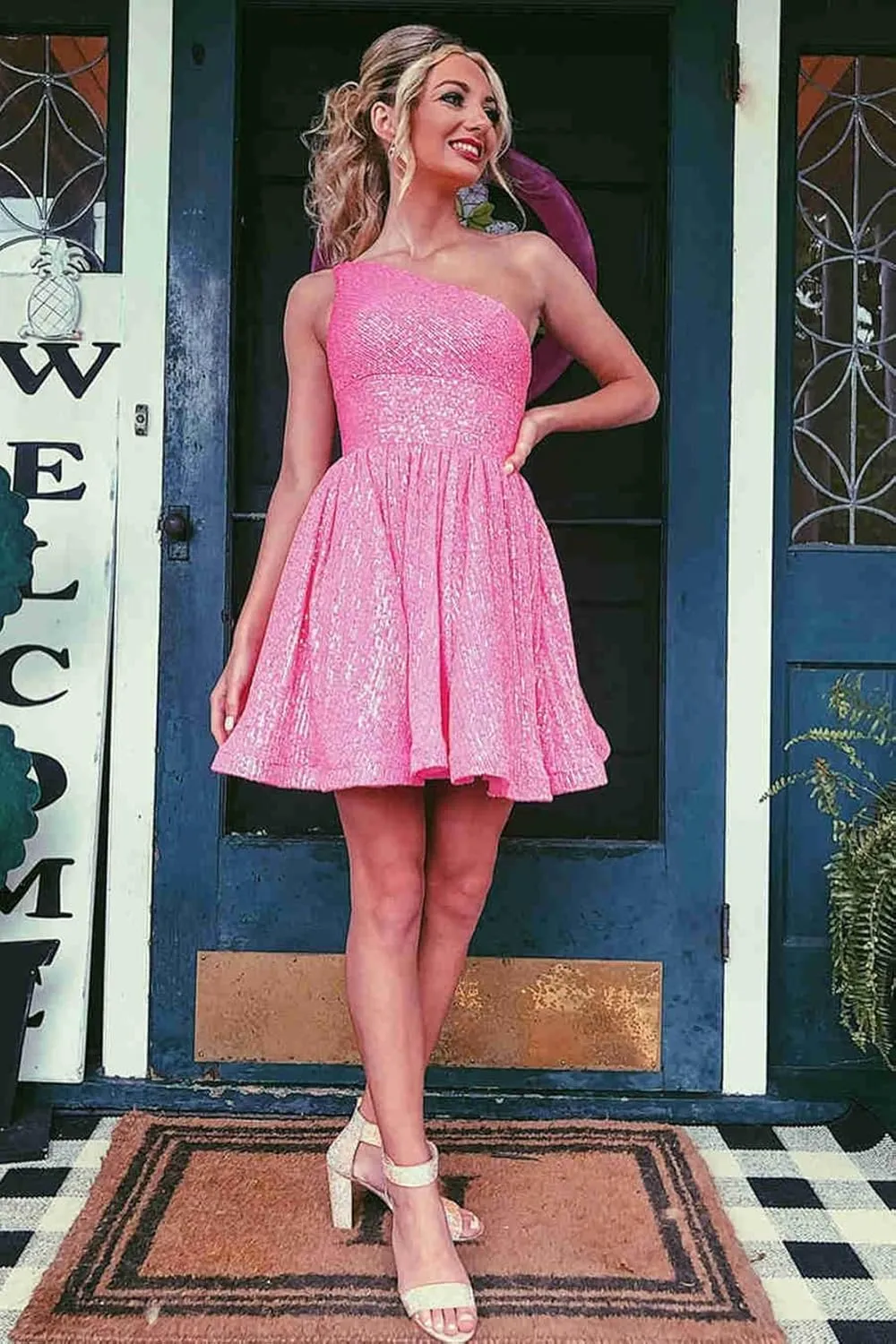 Women's Sparkly Sequin One Shoulder Homecoming Dress 2025 Short Prom Cocktail Party Gowns