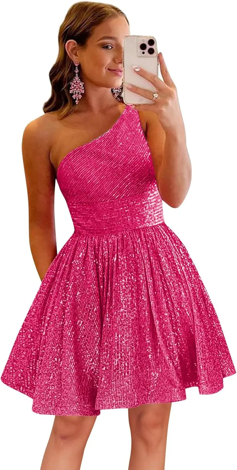Women's Sparkly Sequin One Shoulder Homecoming Dress 2025 Short Prom Cocktail Party Gowns