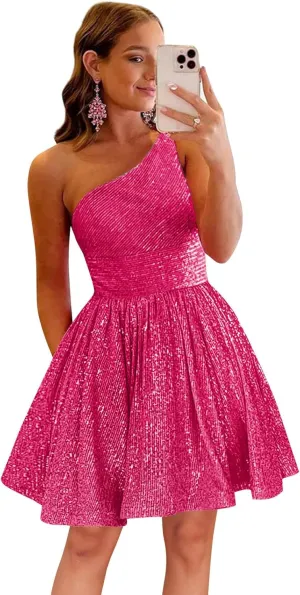 Women's Sparkly Sequin One Shoulder Homecoming Dress 2025 Short Prom Cocktail Party Gowns