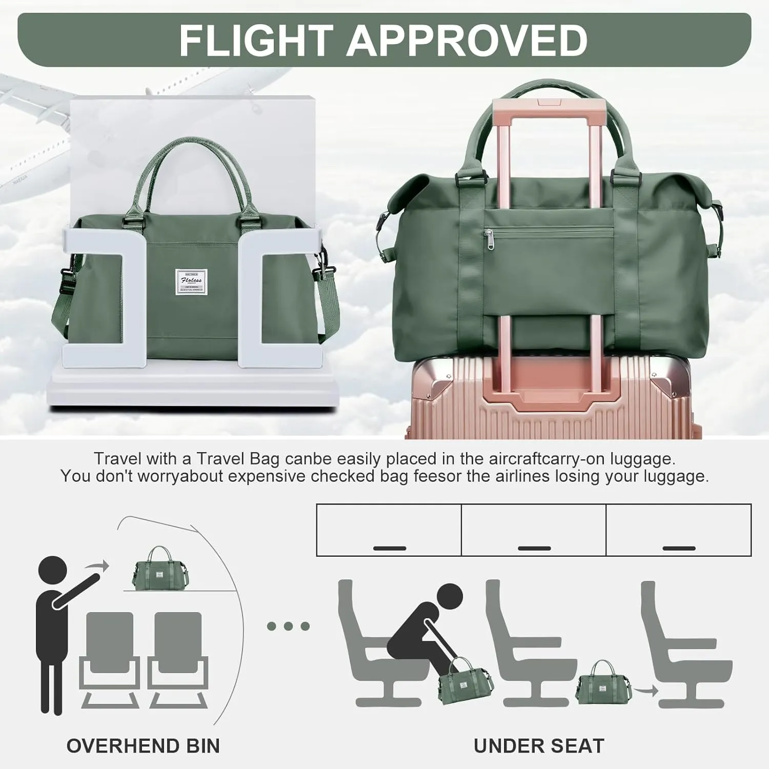 Womens travel bags, weekender carry on for women, sports Gym workout duffel bag, overnight shoulder Bag fit 15.6 inch Laptop (Large, Olive Green)
