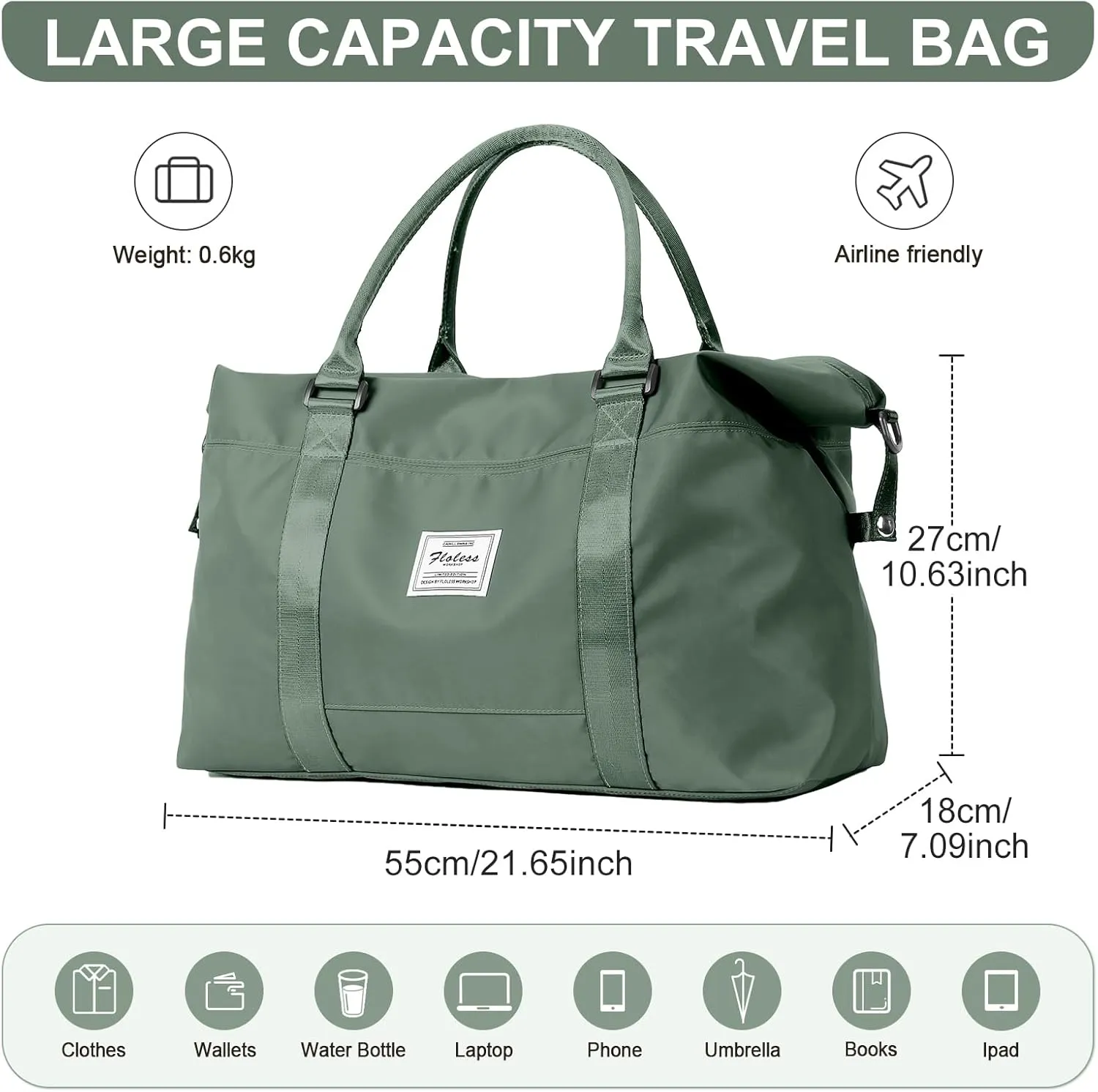 Womens travel bags, weekender carry on for women, sports Gym workout duffel bag, overnight shoulder Bag fit 15.6 inch Laptop (Large, Olive Green)