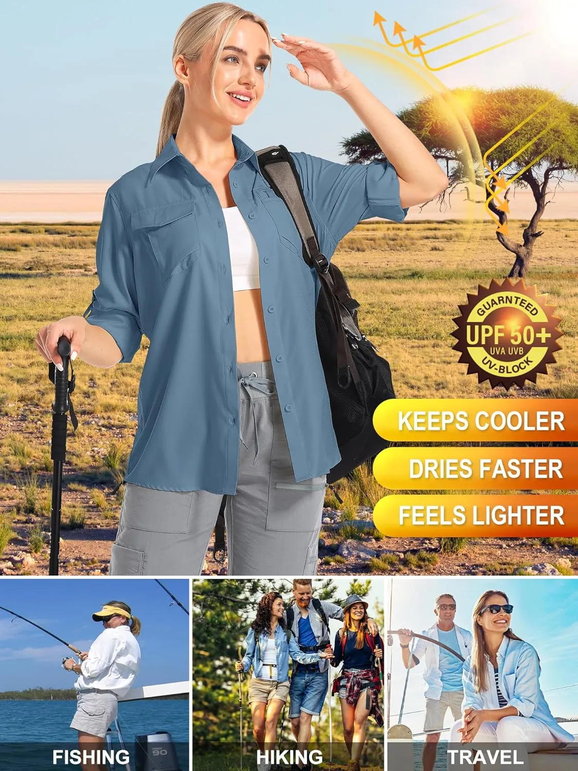 Women's UPF 50 UV Sun Protection Shirts Long Sleeve Outdoor Cool Quick Dry Safari Fishing Hiking Travel Shirts