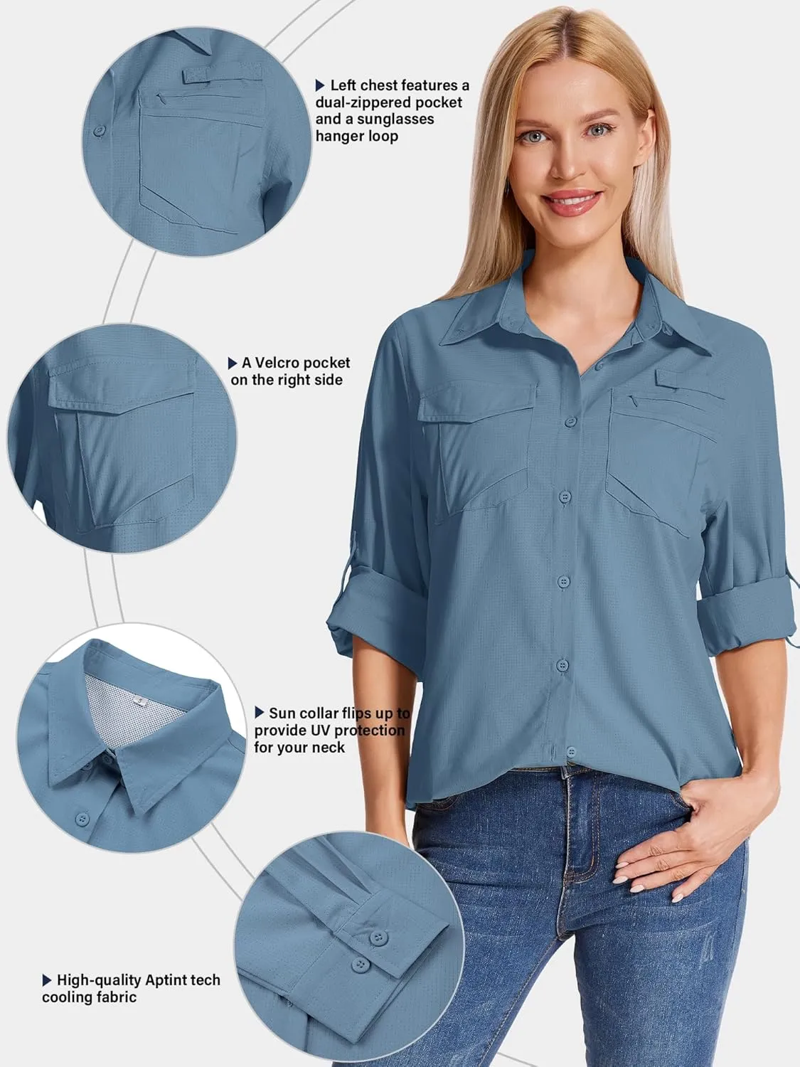 Women's UPF 50 UV Sun Protection Shirts Long Sleeve Outdoor Cool Quick Dry Safari Fishing Hiking Travel Shirts