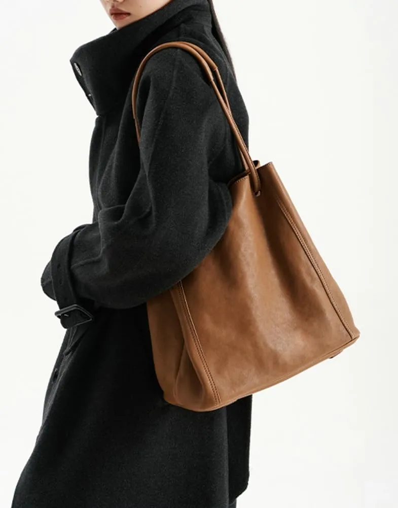 Womens Vintage Genuine Leather Tote Bag Large Bucket Shoulder Satchel Work Purses Top Handle Handbags Set 2pcs