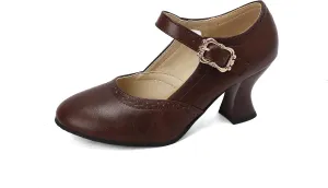 Women's Vintage Mary Jane Shoes Mid Block Heels Round Toe Brogue Victorian Shoes Buckled Strap 2.56 Inch Chunky Heels Dressy Party Wedding Pumps