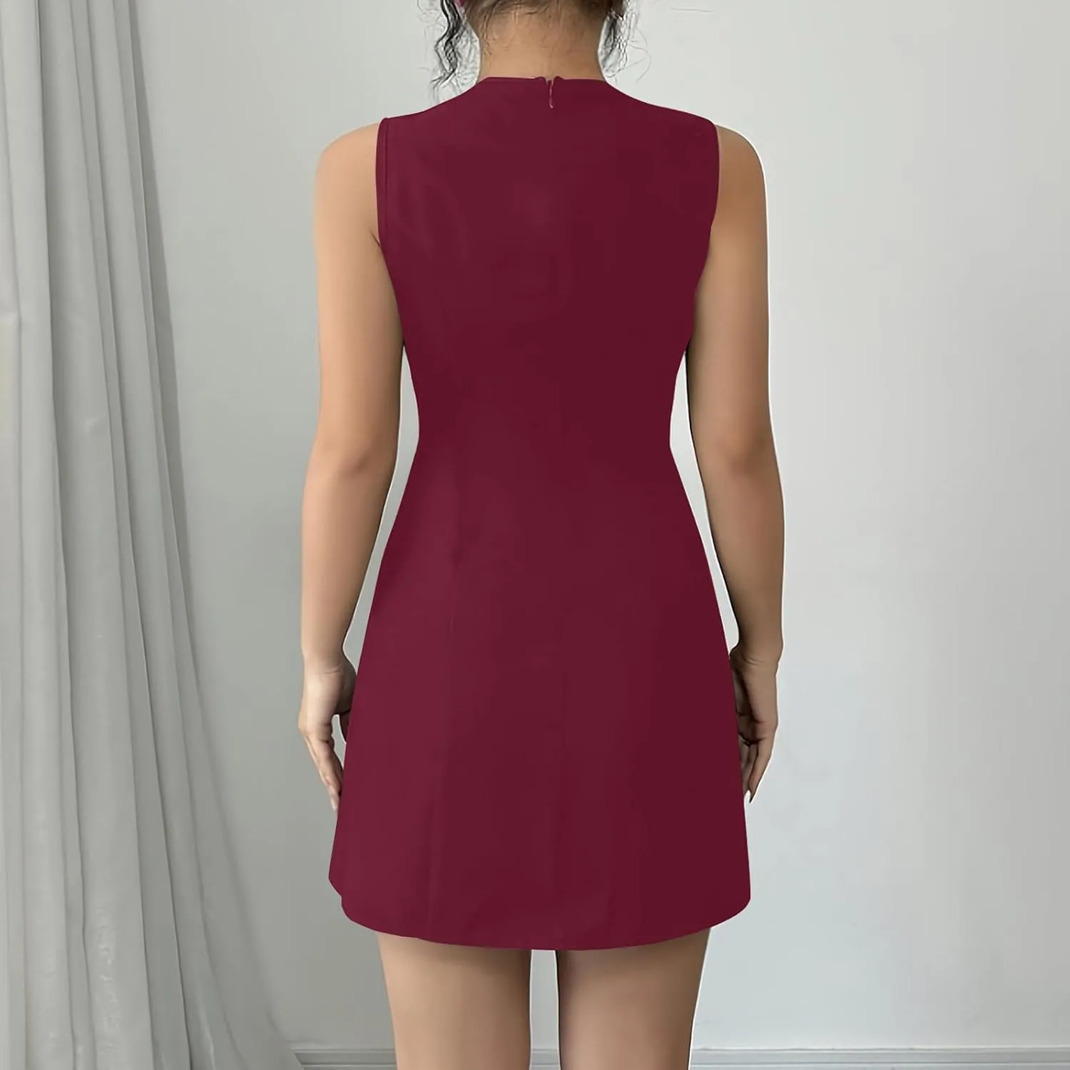 Women's Vintage Solid Dress Elegant Slimming Tummy Control Dresses Comfy Ruffle Hem Sleeveless Midi Skirt Daily Working
