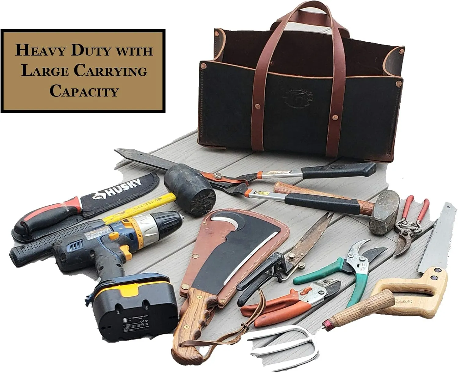 Woodman's Pal Buffalo Leather Tote Tool Bag For Hand Tools, Gardening, Outdoorsmen, Heavy Duty Premium Storage Leather Organizer (Crazy Horse Black)