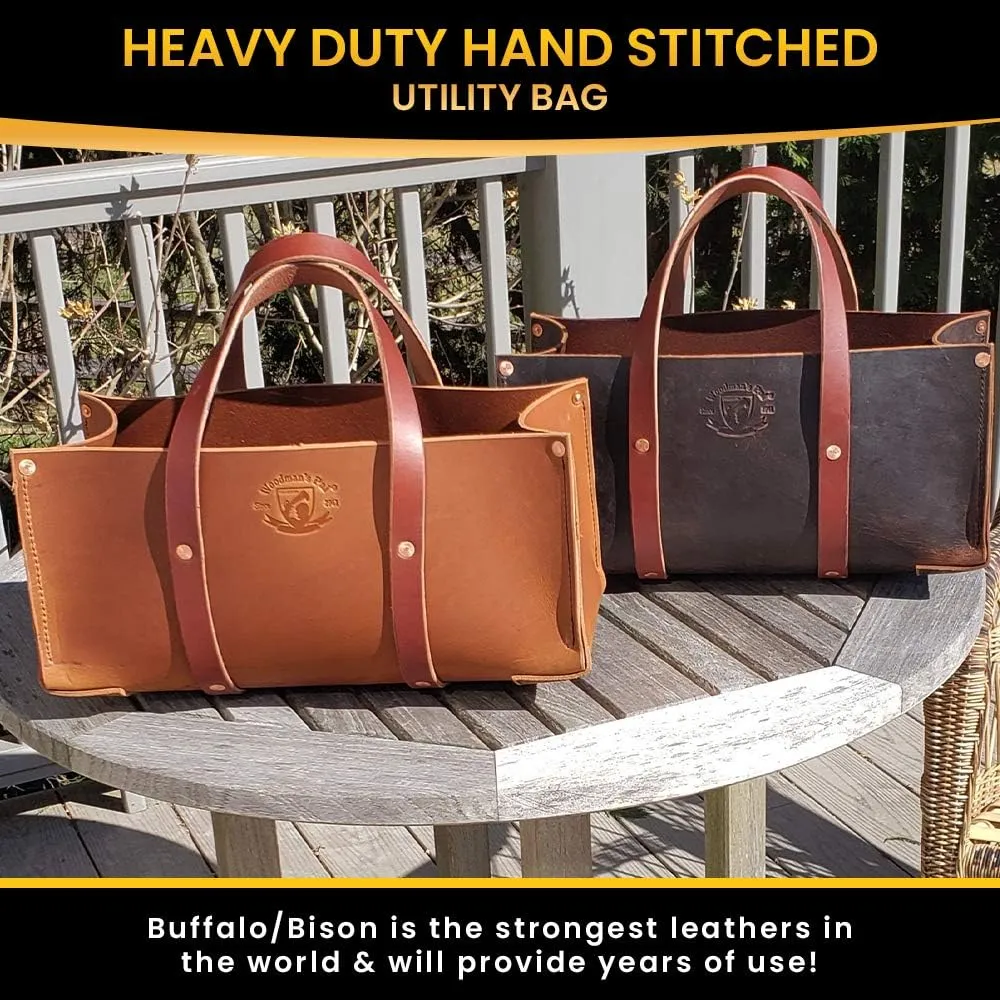 Woodman's Pal Buffalo Leather Tote Tool Bag For Hand Tools, Gardening, Outdoorsmen, Heavy Duty Premium Storage Leather Organizer (Golden Brown)