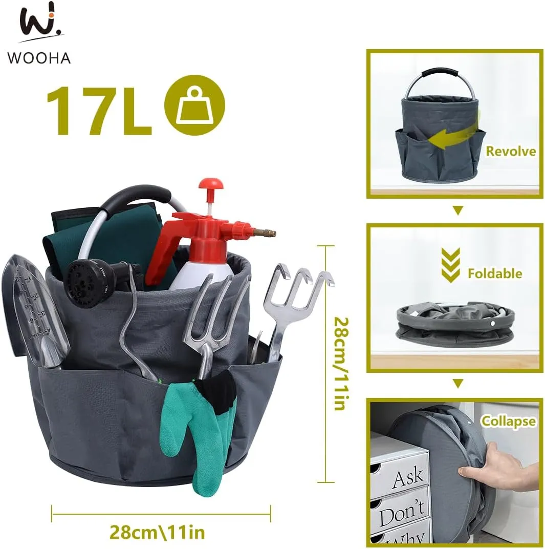 Wooha Tool Bag 17L Garden Tool Organizer Foldable Tool Storage Basket Outdoor Beach Storage Bag（Grey）