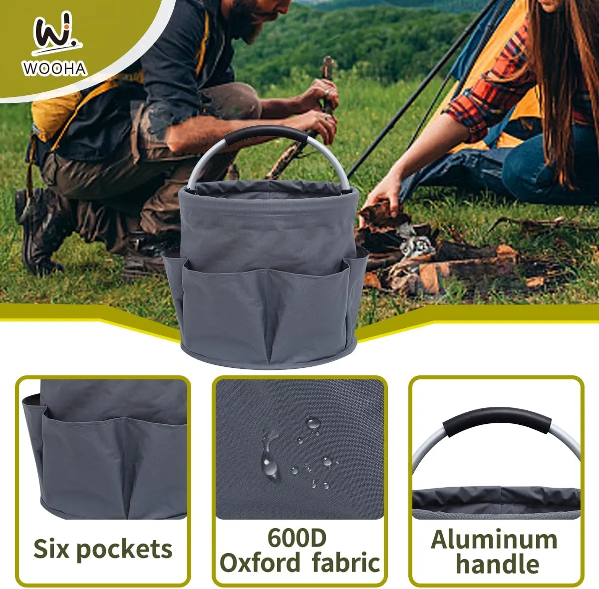 Wooha Tool Bag 17L Garden Tool Organizer Foldable Tool Storage Basket Outdoor Beach Storage Bag（Grey）