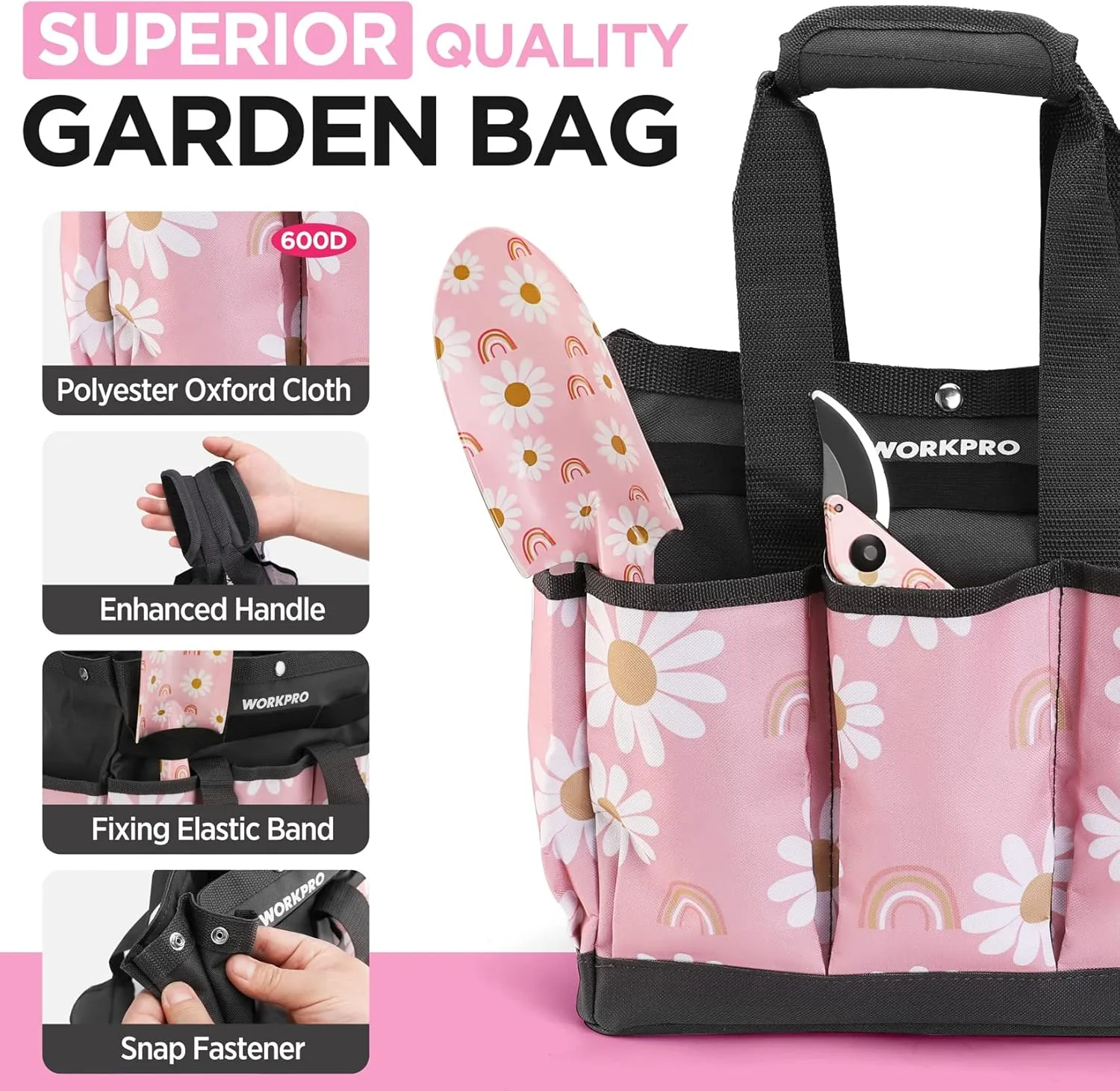 WORKPRO 5PCS Gardening Tools, Aluminum Heavy Duty Garden Tool Set with Bag, Ideal Gardening Gifts for Women, Pink