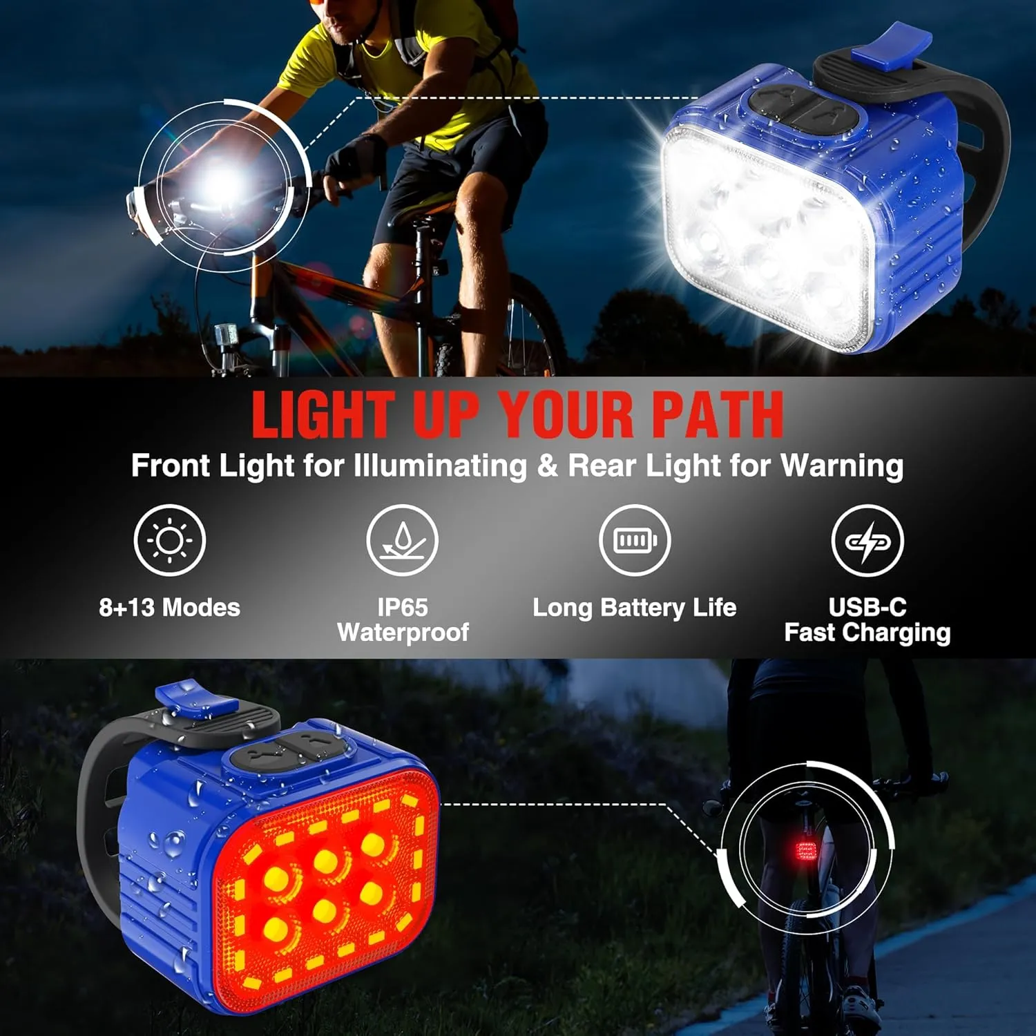 WORKPRO Bike Lights Set [8 13 Modes], Rechargeable Bicycle Light Set Ultra Bright, IP65 Waterproof Bike Lights for Night Riding, 1200mAh Bike Headlight and Tail Light Reflectors