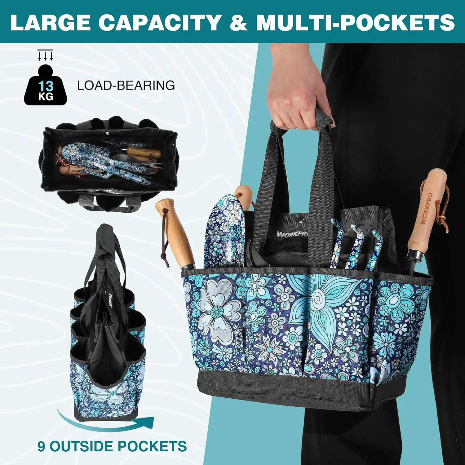 WORKPRO Garden Tool Bag, 9 Pockets Gardening Bag, Heavy Duty Oxford Garden Tote Caddy (Tools NOT Included), 12" x 12" x 6" (Floral Blue)