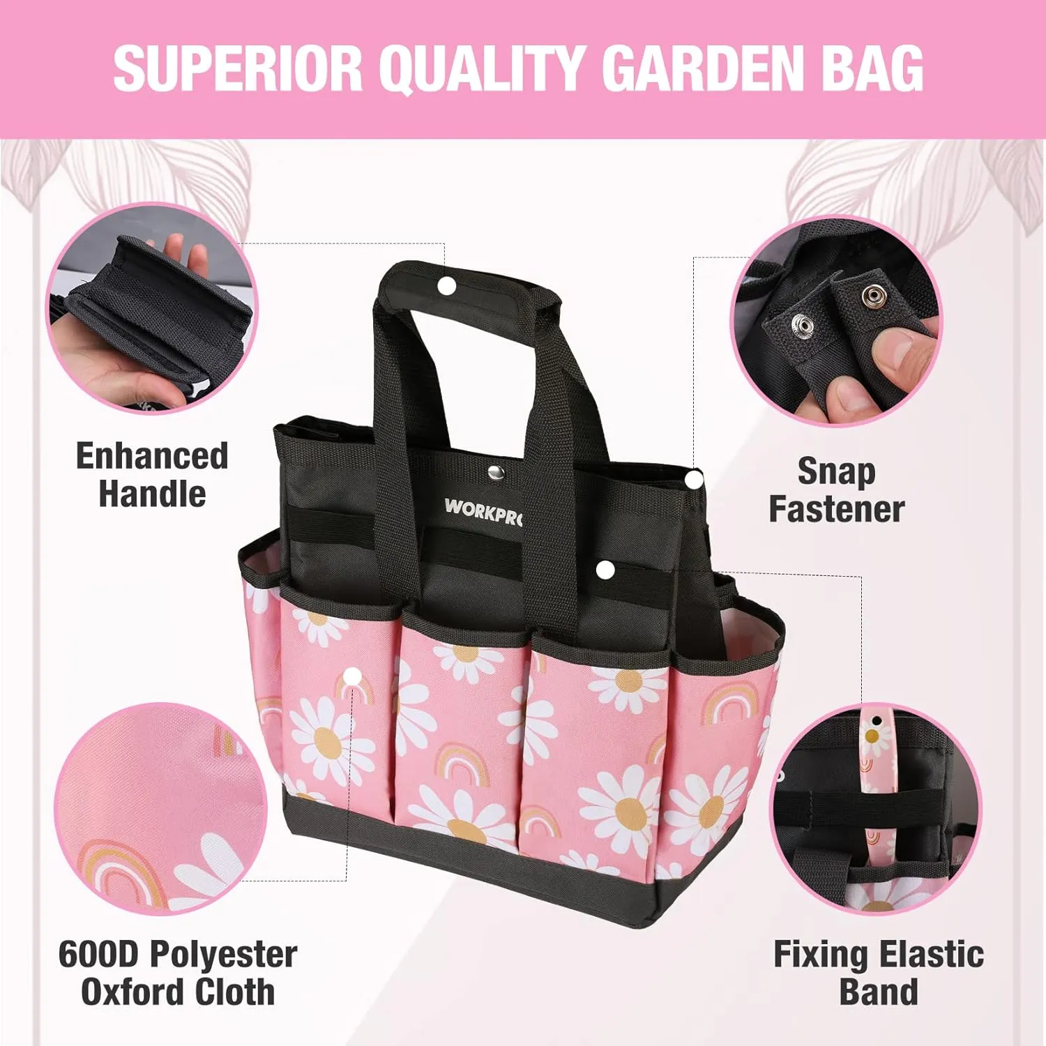 WORKPRO Garden Tool Bag, 9 Pockets Gardening Bag, Heavy Duty Oxford Garden Tote Caddy (Tools NOT Included), 12" x 12" x 6" (Floral Pink)