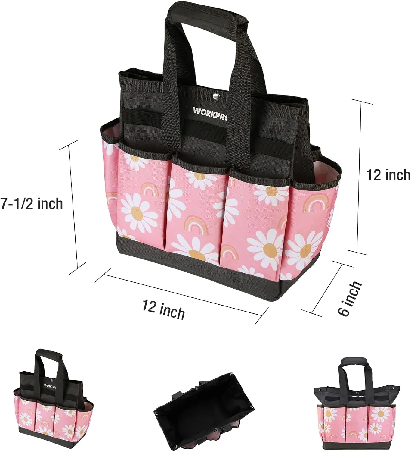 WORKPRO Garden Tool Bag, 9 Pockets Gardening Bag, Heavy Duty Oxford Garden Tote Caddy (Tools NOT Included), 12" x 12" x 6" (Floral Pink)