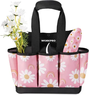 WORKPRO Garden Tool Bag, 9 Pockets Gardening Bag, Heavy Duty Oxford Garden Tote Caddy (Tools NOT Included), 12" x 12" x 6" (Floral Pink)