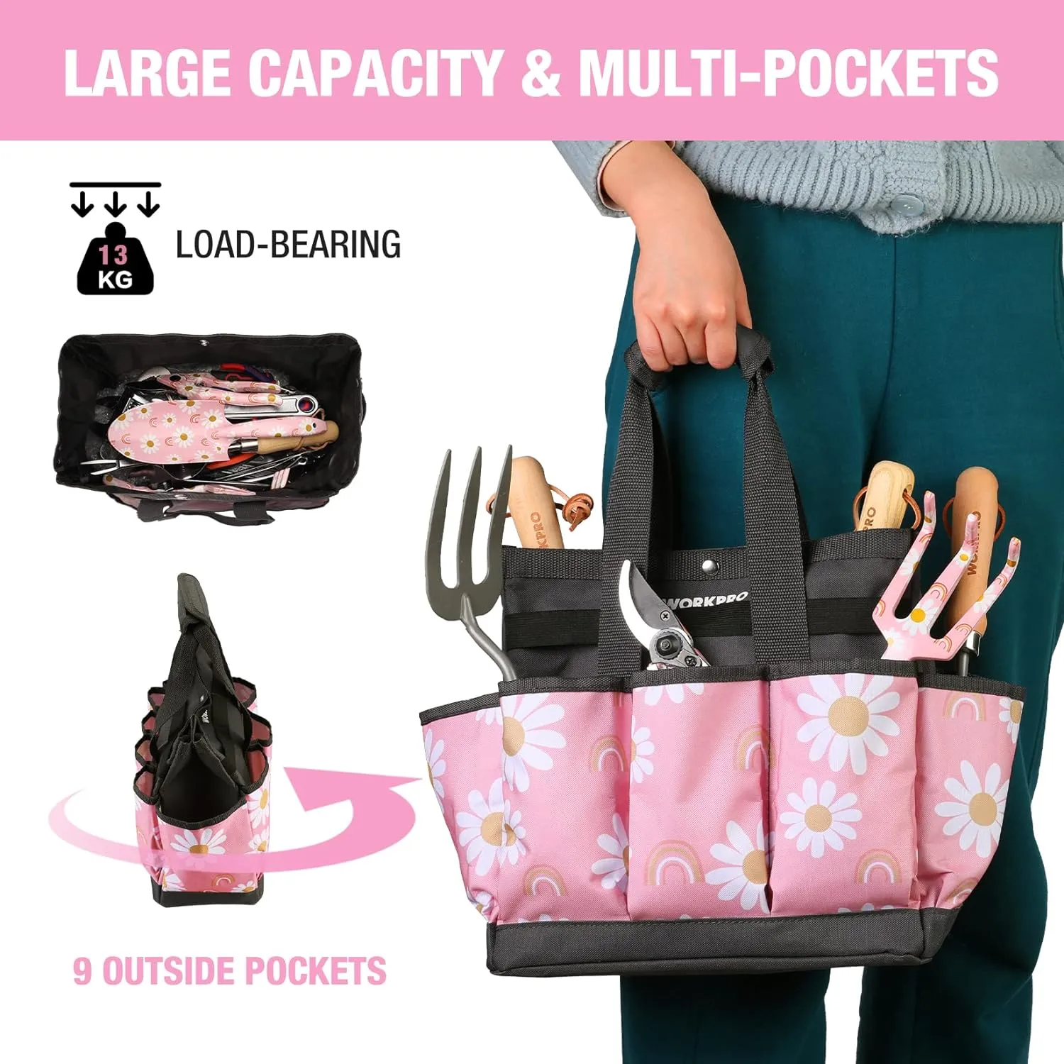 WORKPRO Garden Tool Bag, 9 Pockets Gardening Bag, Heavy Duty Oxford Garden Tote Caddy (Tools NOT Included), 12" x 12" x 6" (Floral Pink)