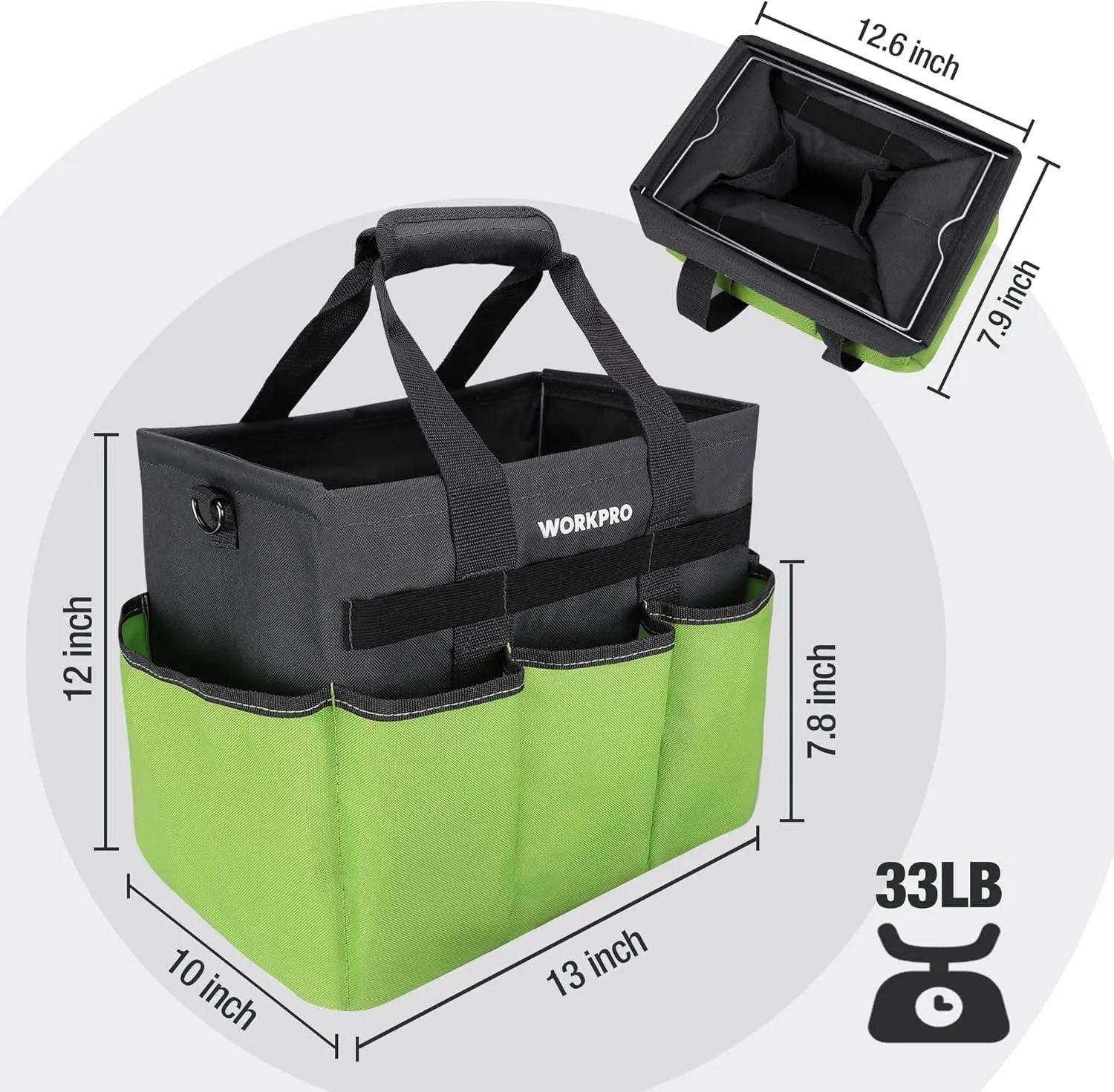 WORKPRO Garden Tool Bag Organizer, Heavy Duty Gardening Tote Bag with 10 Pockets and Long Adjustable Shoulder Strap, Standable Garden Home Tool Kits Organizer, Green