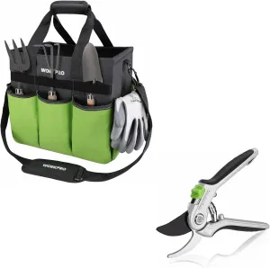 WORKPRO Heavy Duty Gardening Tool Bag with 10 Pockets and Long Adjustable Shoulder Strap & Bypass Pruning Shears