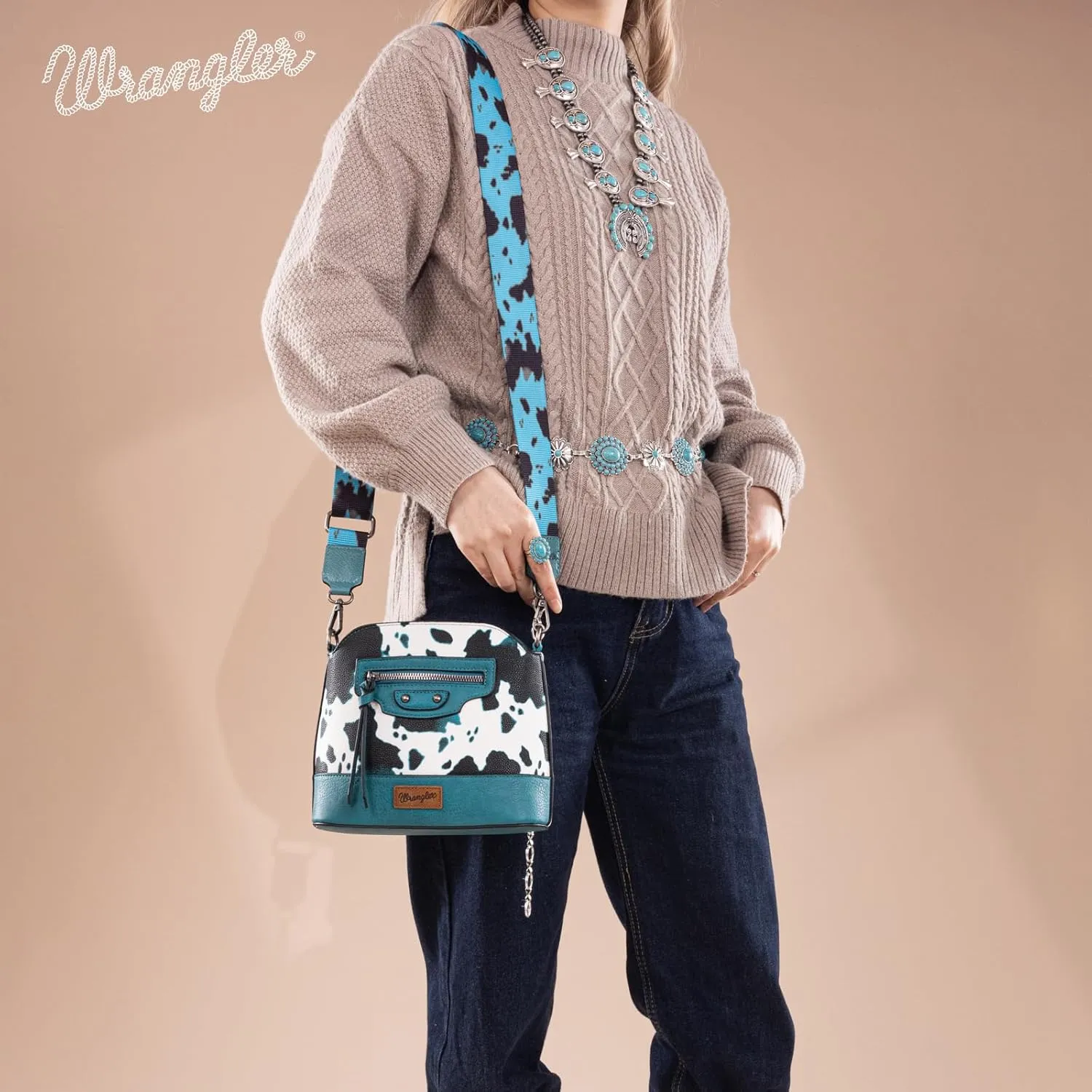 Wrangler Cow Print Crossbody Bag for Women Western Cross Body Purse with Signature Strap