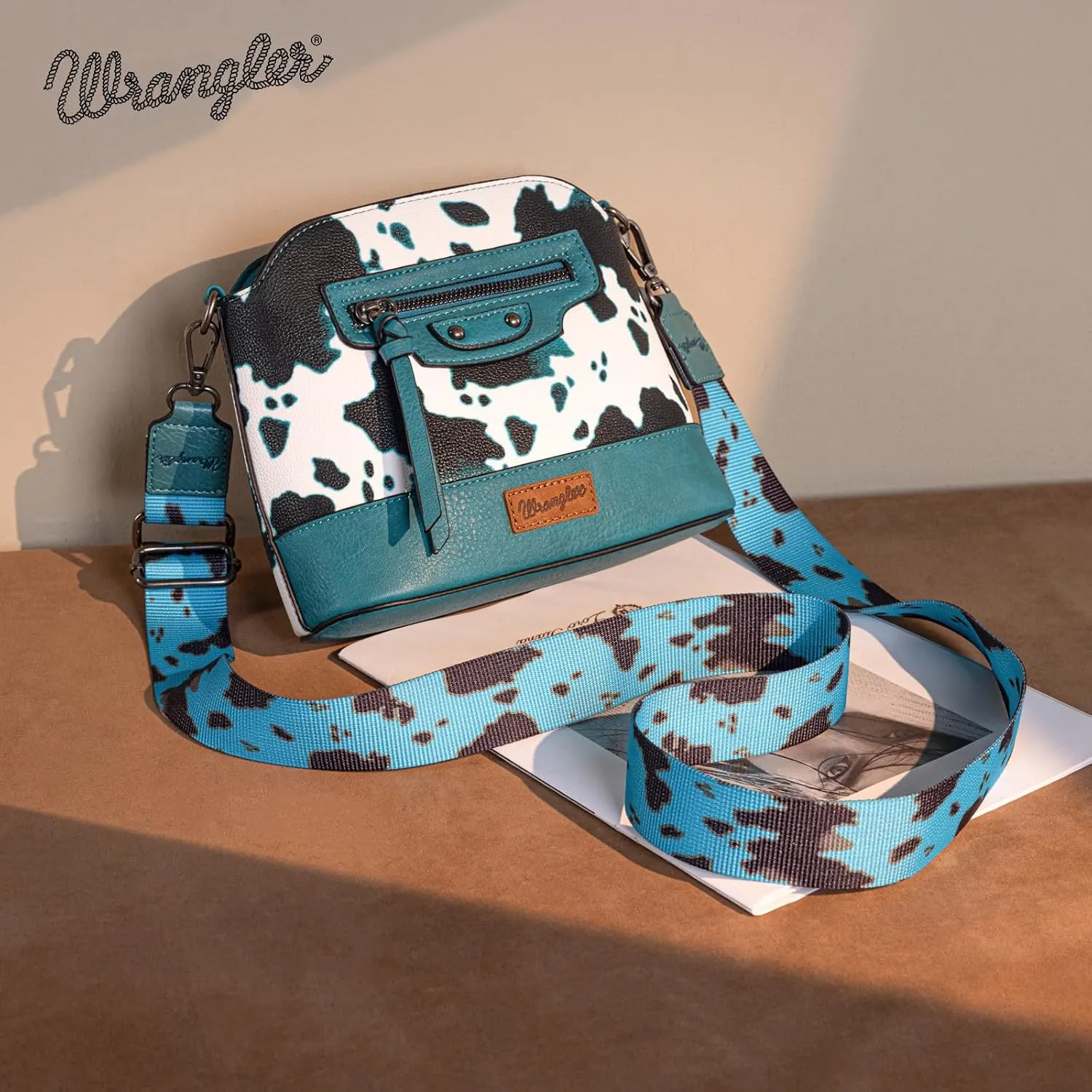 Wrangler Cow Print Crossbody Bag for Women Western Cross Body Purse with Signature Strap