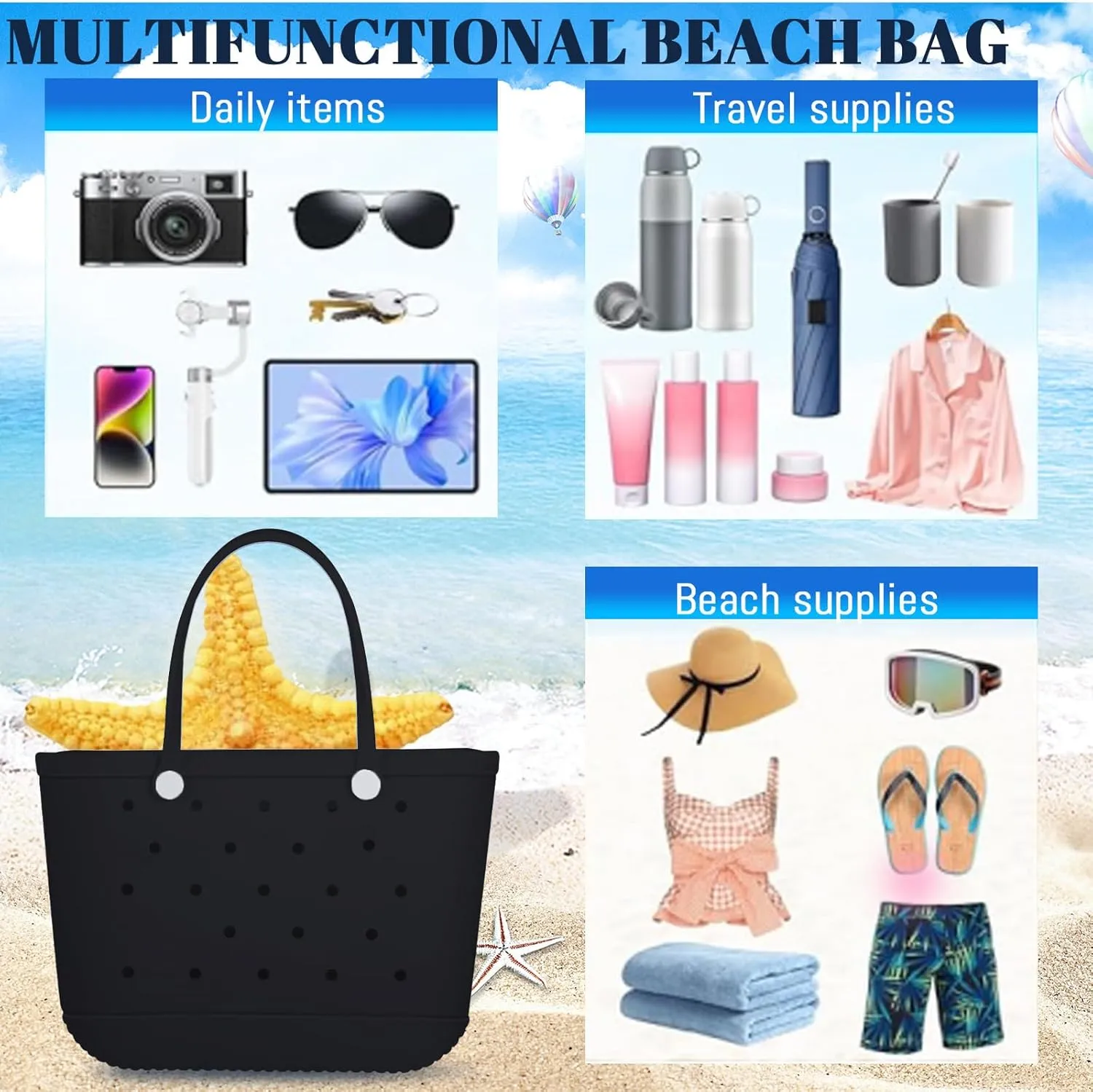 X-Large Rubber Tote Bag Waterproof Beach Washable Handbag Storage Bags Durable Modern Travel SportsTote Bag