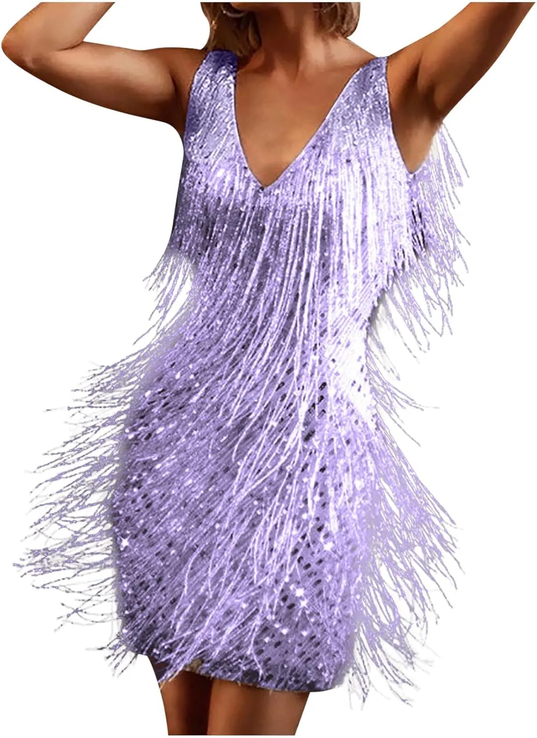 XUNRYAN Sequin Fringe Dresses Women Sparkly Glitter Formal Tassel Dress Evening Party Ball Gown Cocktail Concert Outfit