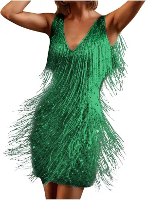 XUNRYAN Sequin Fringe Dresses Women Sparkly Glitter Formal Tassel Dress Evening Party Ball Gown Cocktail Concert Outfit