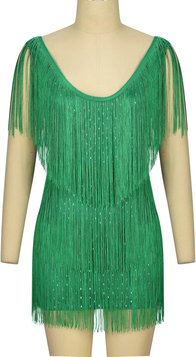 XUNRYAN Sequin Fringe Dresses Women Sparkly Glitter Formal Tassel Dress Evening Party Ball Gown Cocktail Concert Outfit