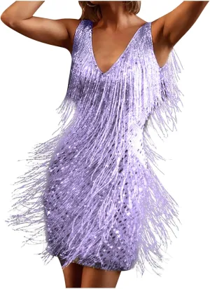 XUNRYAN Sequin Fringe Dresses Women Sparkly Glitter Formal Tassel Dress Evening Party Ball Gown Cocktail Concert Outfit