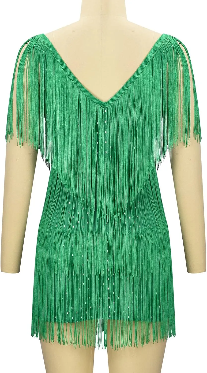 XUNRYAN Sequin Fringe Dresses Women Sparkly Glitter Formal Tassel Dress Evening Party Ball Gown Cocktail Concert Outfit