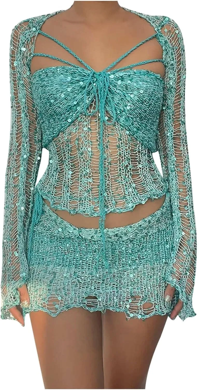XUNRYAN Women Sequin Dresses Two Piece Outfits Sparkly Glitter Evening Party Knit Beach Coverup Concert Outfit Y2K Clothes