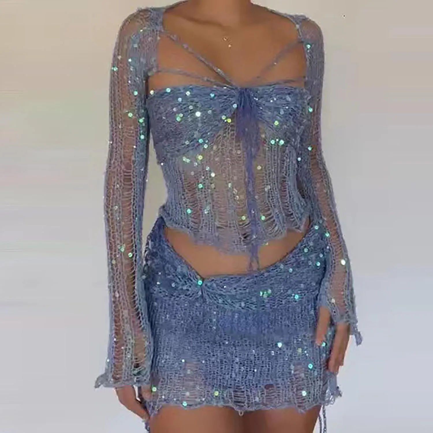 XUNRYAN Women Sequin Dresses Two Piece Outfits Sparkly Glitter Evening Party Knit Beach Coverup Concert Outfit Y2K Clothes