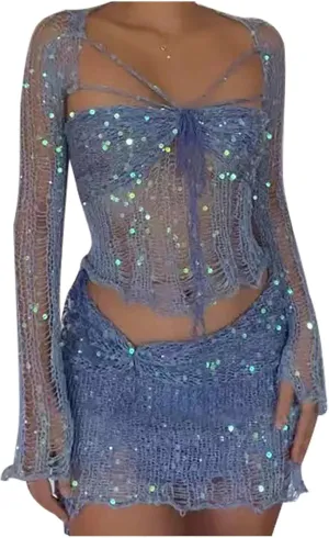 XUNRYAN Women Sequin Dresses Two Piece Outfits Sparkly Glitter Evening Party Knit Beach Coverup Concert Outfit Y2K Clothes