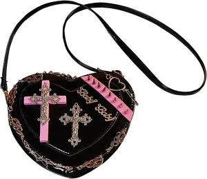 Y2K Crossbody Gothic Bag Women, Punk Rivet Sling Bag with Heart Shape Design - Trendy & Edgy Shoulder Bag (Black 01)