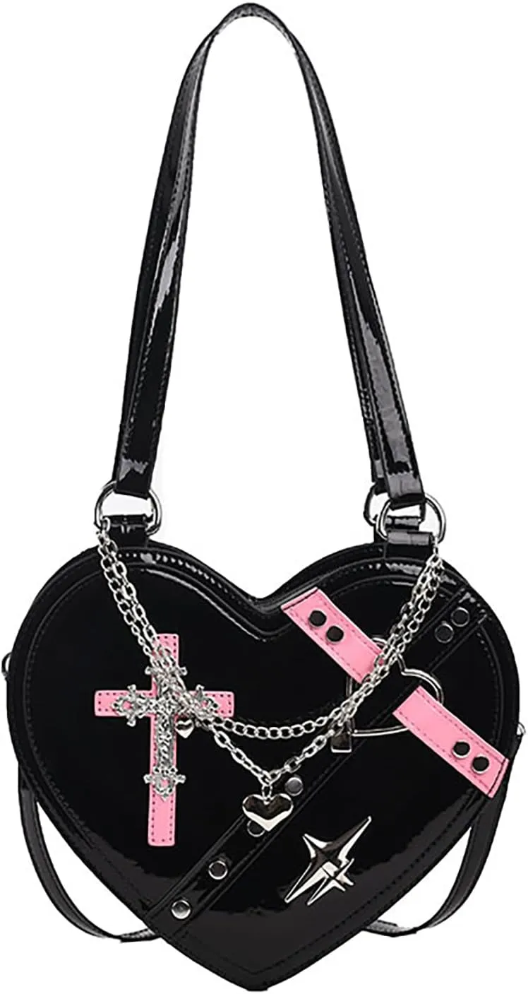 Y2K Crossbody Gothic Bag Women, Punk Rivet Sling Bag with Heart Shape Design - Trendy & Edgy Shoulder Bag (Black 02)