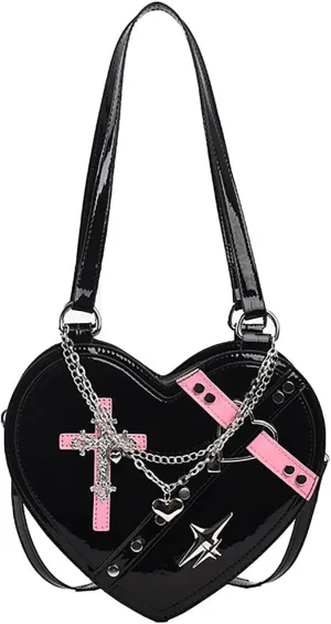 Y2K Crossbody Gothic Bag Women, Punk Rivet Sling Bag with Heart Shape Design - Trendy & Edgy Shoulder Bag (Black 02)