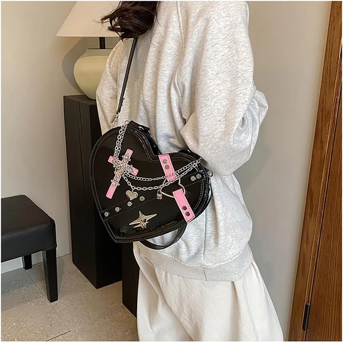 Y2K Crossbody Gothic Bag Women, Punk Rivet Sling Bag with Heart Shape Design - Trendy & Edgy Shoulder Bag (Black 02)