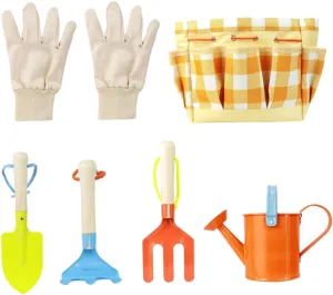 Yardwe 7 Pcs 1 Set Gardening Tools Kit for Outdoor with Carrying Bag Gloves Watering Kettle Shovel Hoeing Rake and Portable Planting Tools Present for Young Gardeners