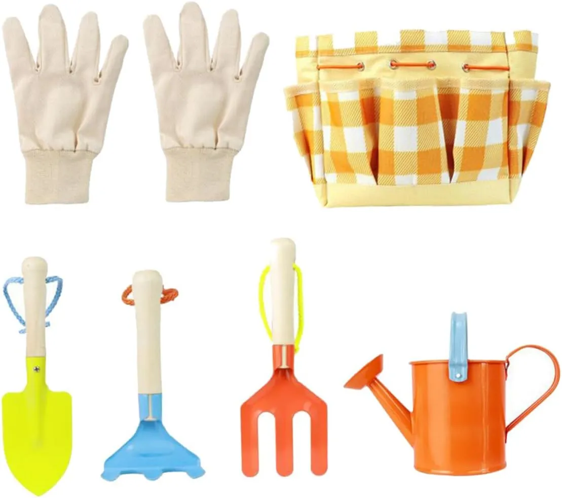 Yardwe 7 Pcs 1 Set Gardening Tools Kit for Outdoor with Carrying Bag Gloves Watering Kettle Shovel Hoeing Rake and Portable Planting Tools Present for Young Gardeners