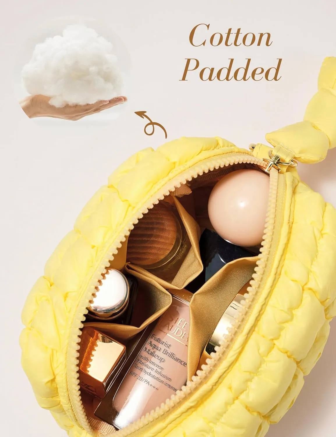 Yarnic Quilted Makeup Bag Cosmetic Bag, Travel Toiletry Bag for Women, Cute Makeup Bag Organizer Puffer Makeup Pouch (Yellow, S)