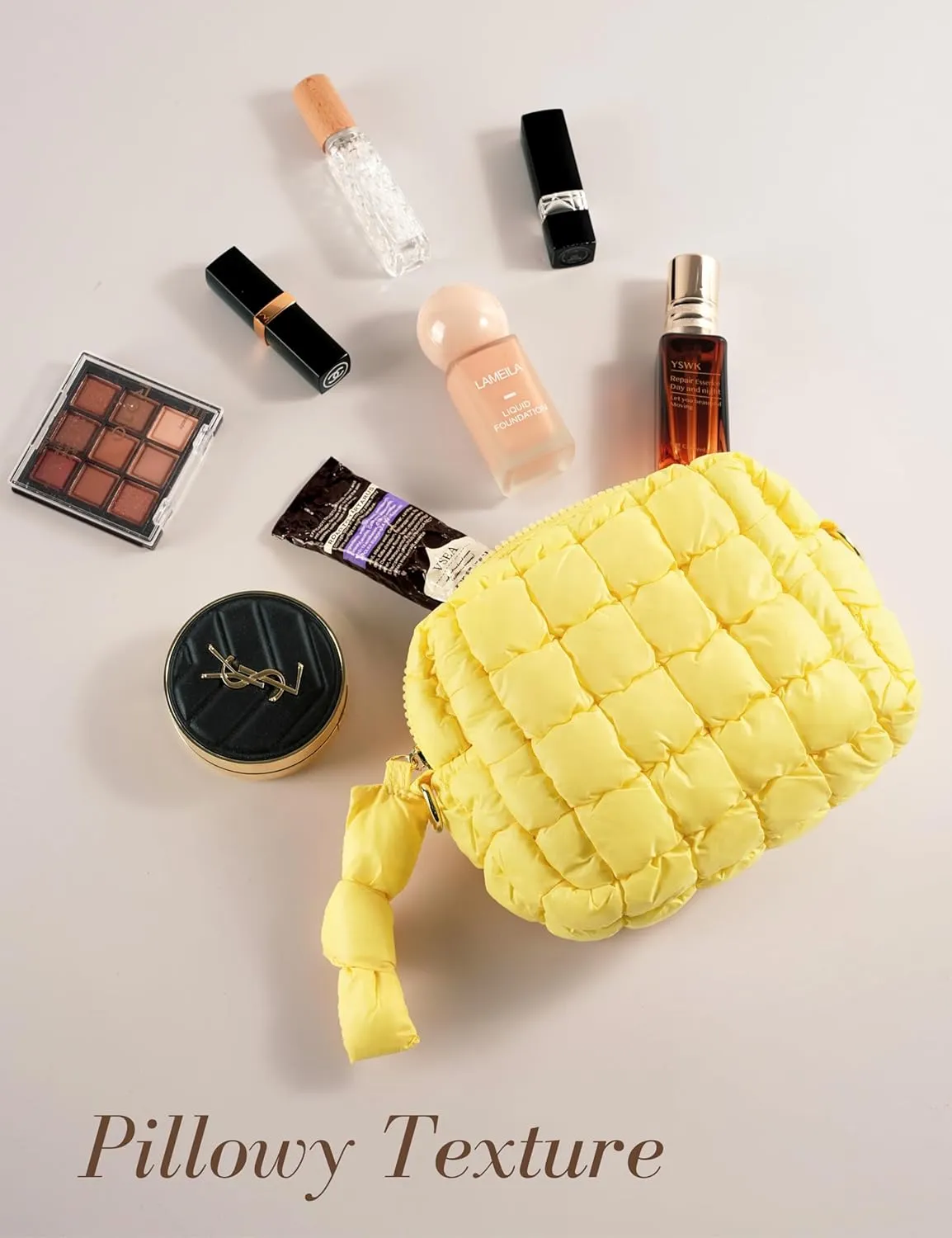 Yarnic Quilted Makeup Bag Cosmetic Bag, Travel Toiletry Bag for Women, Cute Makeup Bag Organizer Puffer Makeup Pouch (Yellow, S)