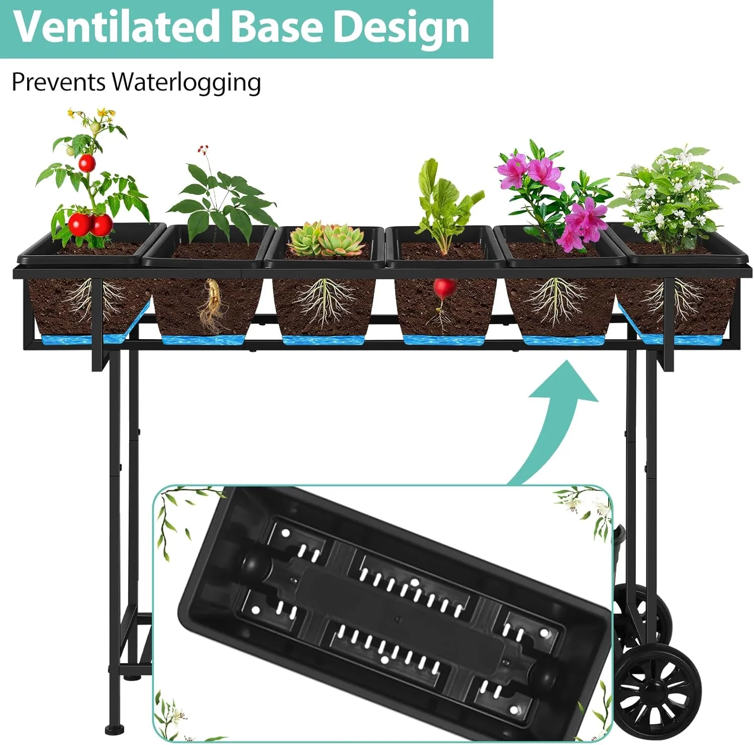 YBING Raised Garden Bed Outdoor with Wheels 42x17x29in Elevated Planter Box with Legs and Storage Shelf 6 Pocket Herb Garden Planter for Balcony Patio Deck Black