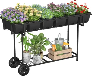 YBING Raised Garden Bed Outdoor with Wheels 42x17x29in Elevated Planter Box with Legs and Storage Shelf 6 Pocket Herb Garden Planter for Balcony Patio Deck Black