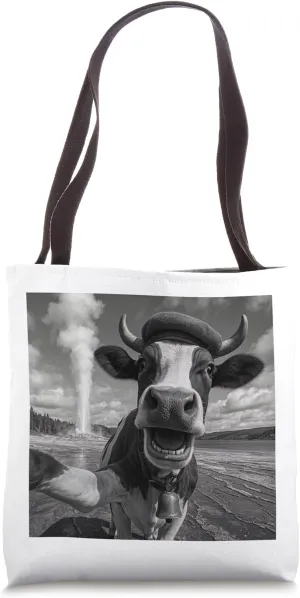 Yellowstone Cow Selfie Funny Geyser Park Design Tote Bag
