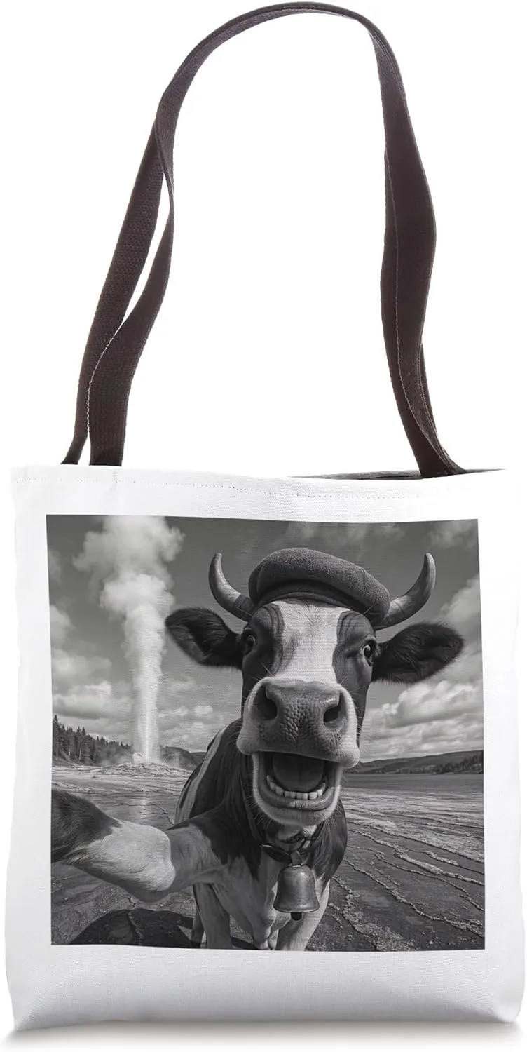 Yellowstone Cow Selfie Funny Geyser Park Design Tote Bag